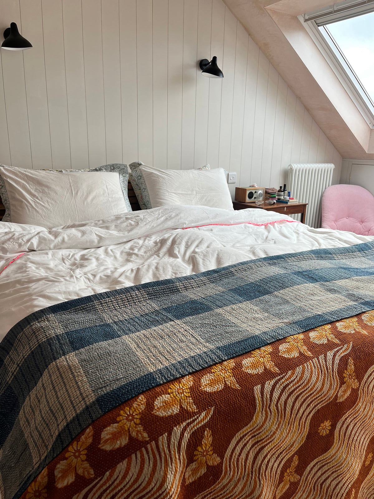 Blue Check & Brown Floral Reverse Kantha quilt