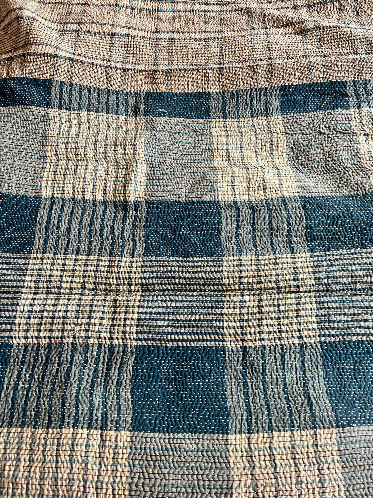 Blue Check & Brown Floral Reverse Kantha quilt