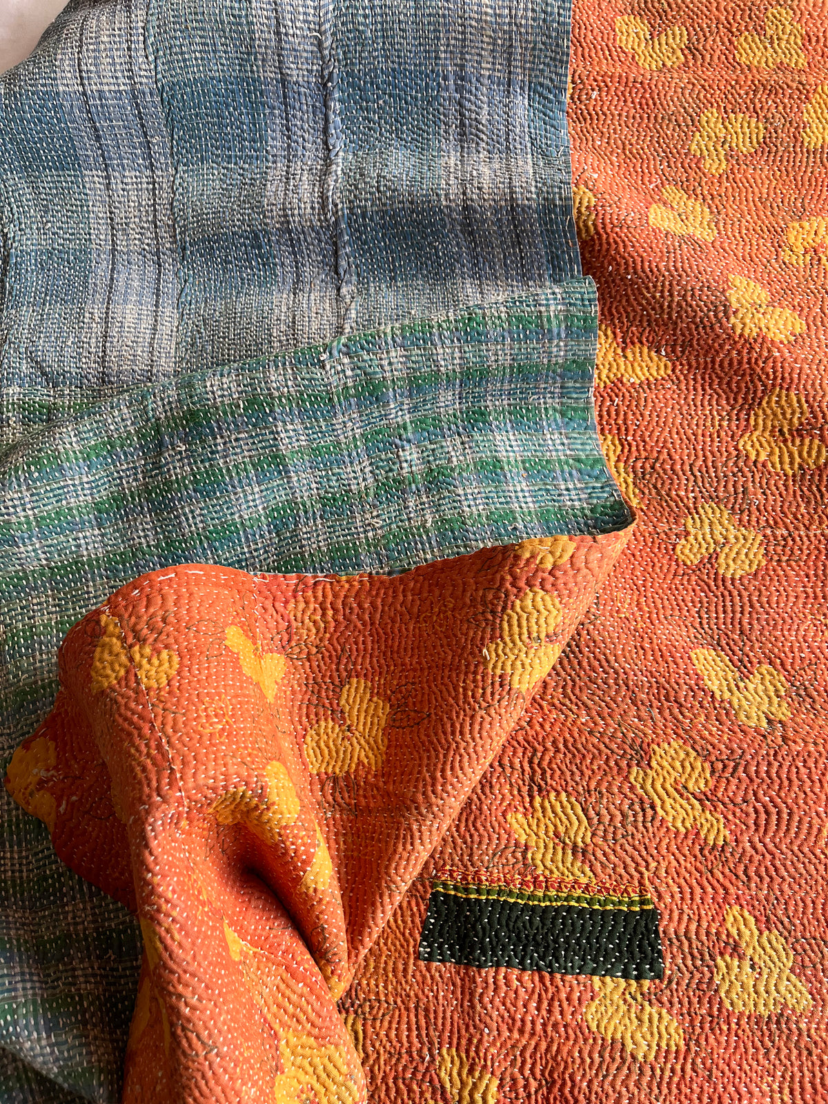 Blue / Green Check & Brown Floral Reverse Kantha Quilt