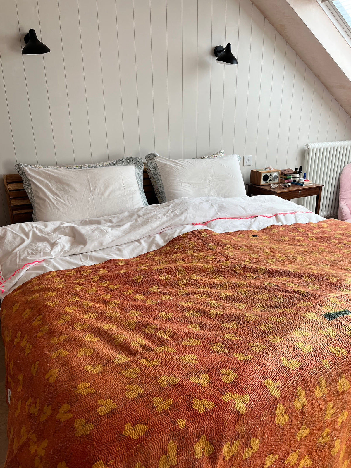 Blue / Green Check & Brown Floral Reverse Kantha Quilt