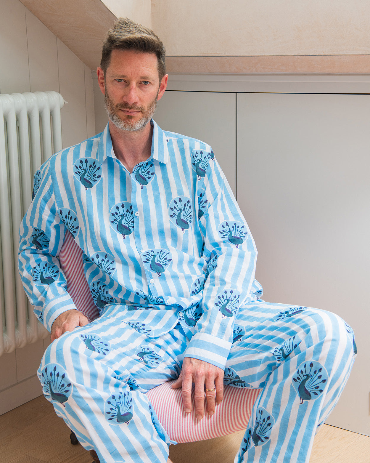 Peacock Stripe mens pyjamas Blue