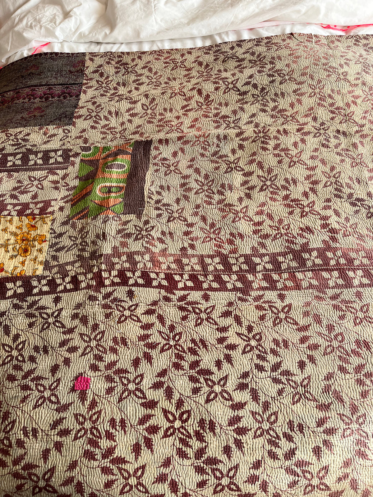 Pretty Brown Leaf & Purple Reverse Kantha Quilt