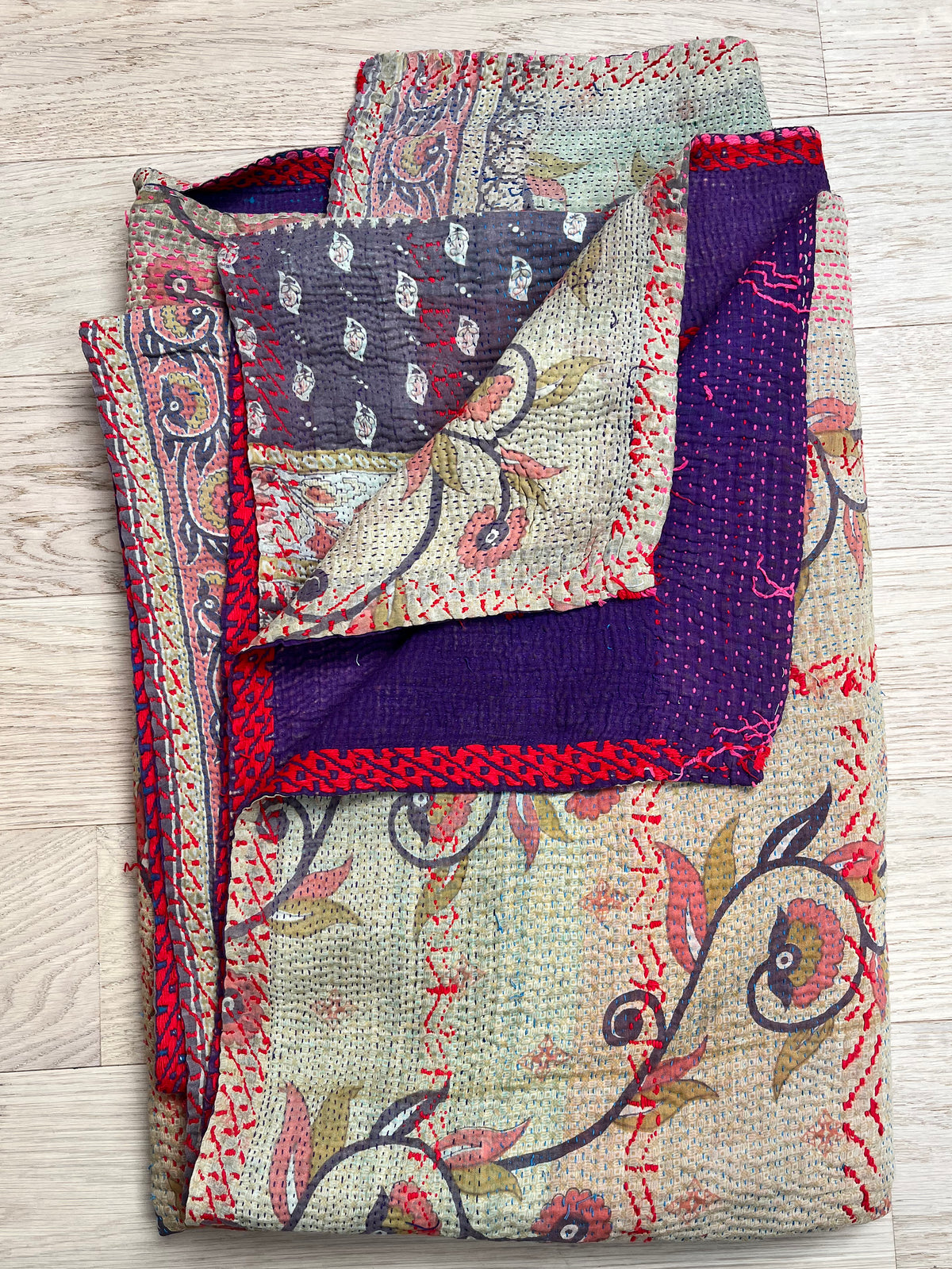Muted Brown Floral & Indigo Embroidered Reverse Kantha quilt