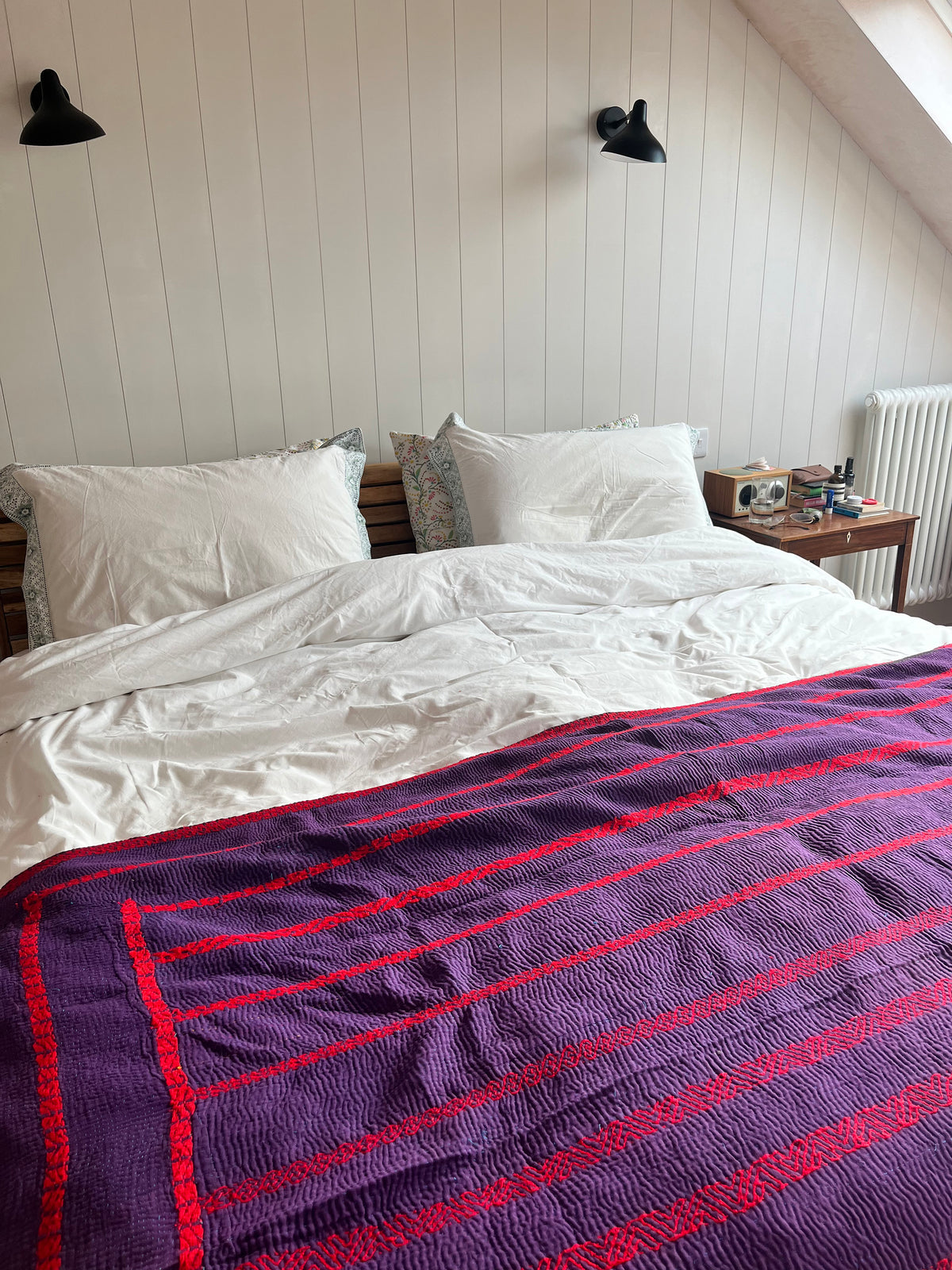 Muted Brown Floral & Indigo Embroidered Reverse Kantha quilt