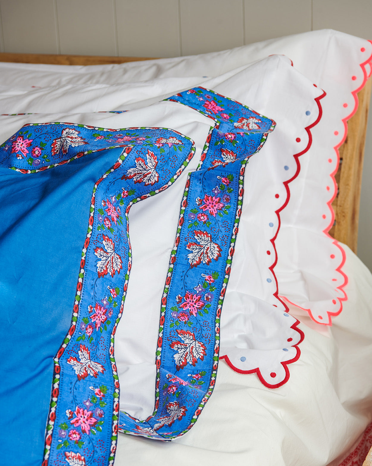 Blue French Floral bordered set of 2 pillowcases