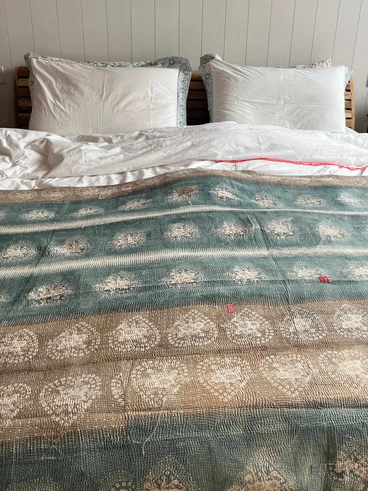 Heart & Pink Stripe Reverse Kantha quilt