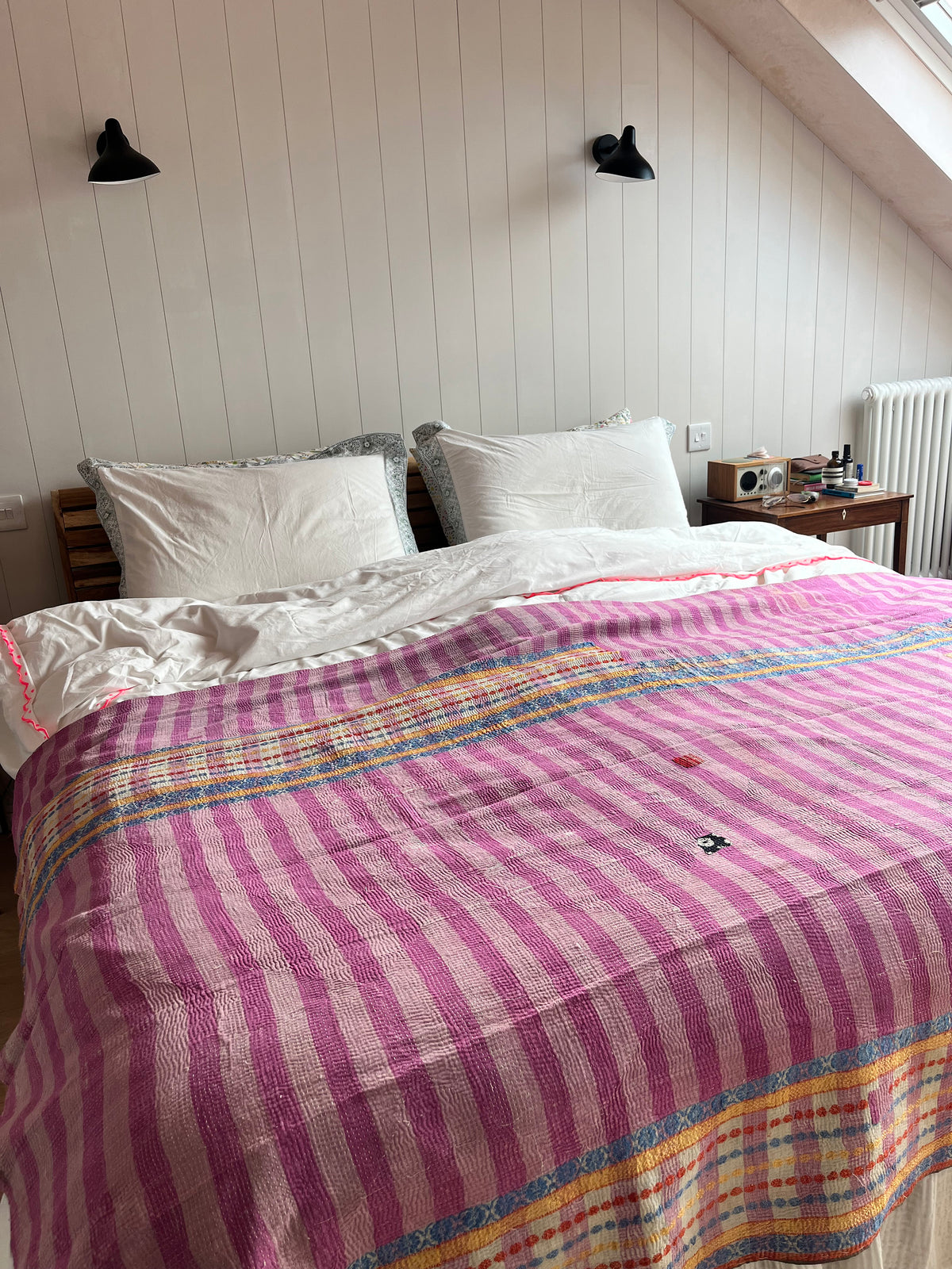 Heart & Pink Stripe Reverse Kantha quilt