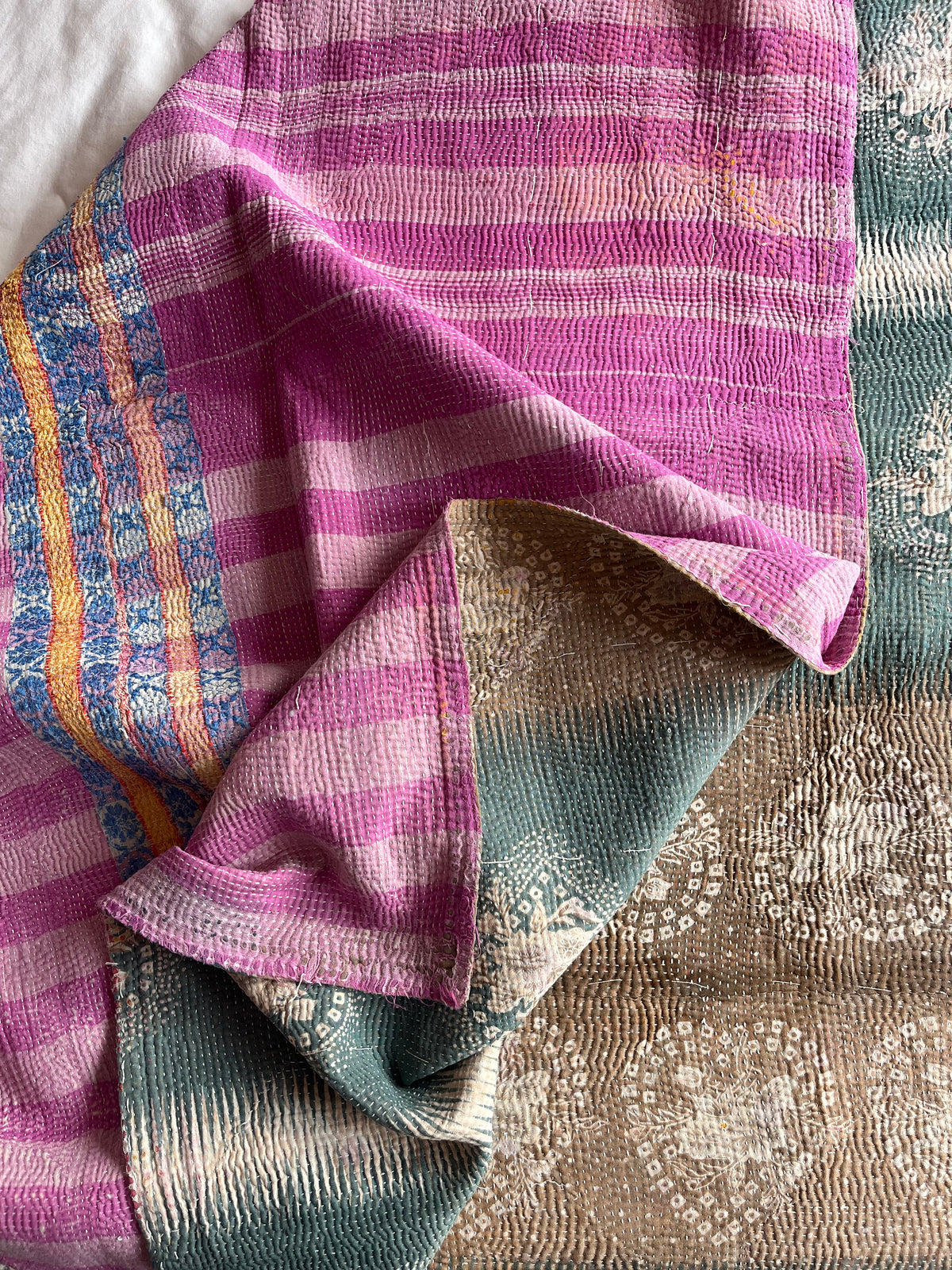 Heart & Pink Stripe Reverse Kantha quilt