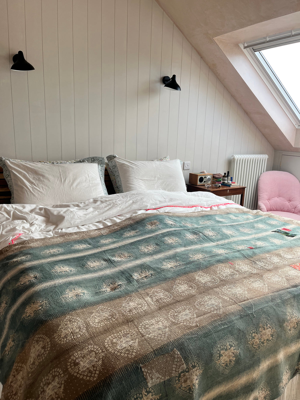 Heart & Pink Stripe Reverse Kantha quilt
