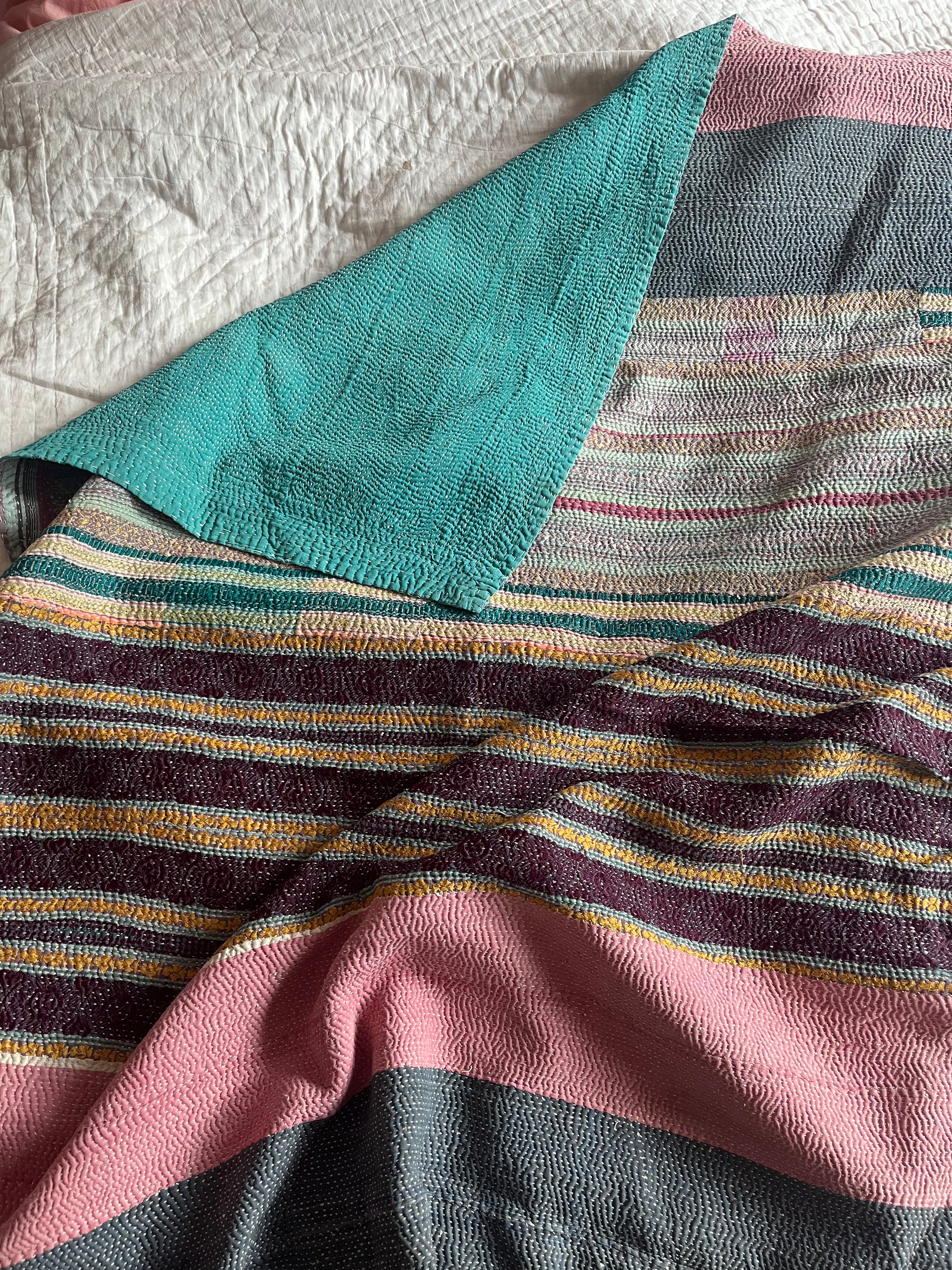Patchwork stripe Kantha Quilt