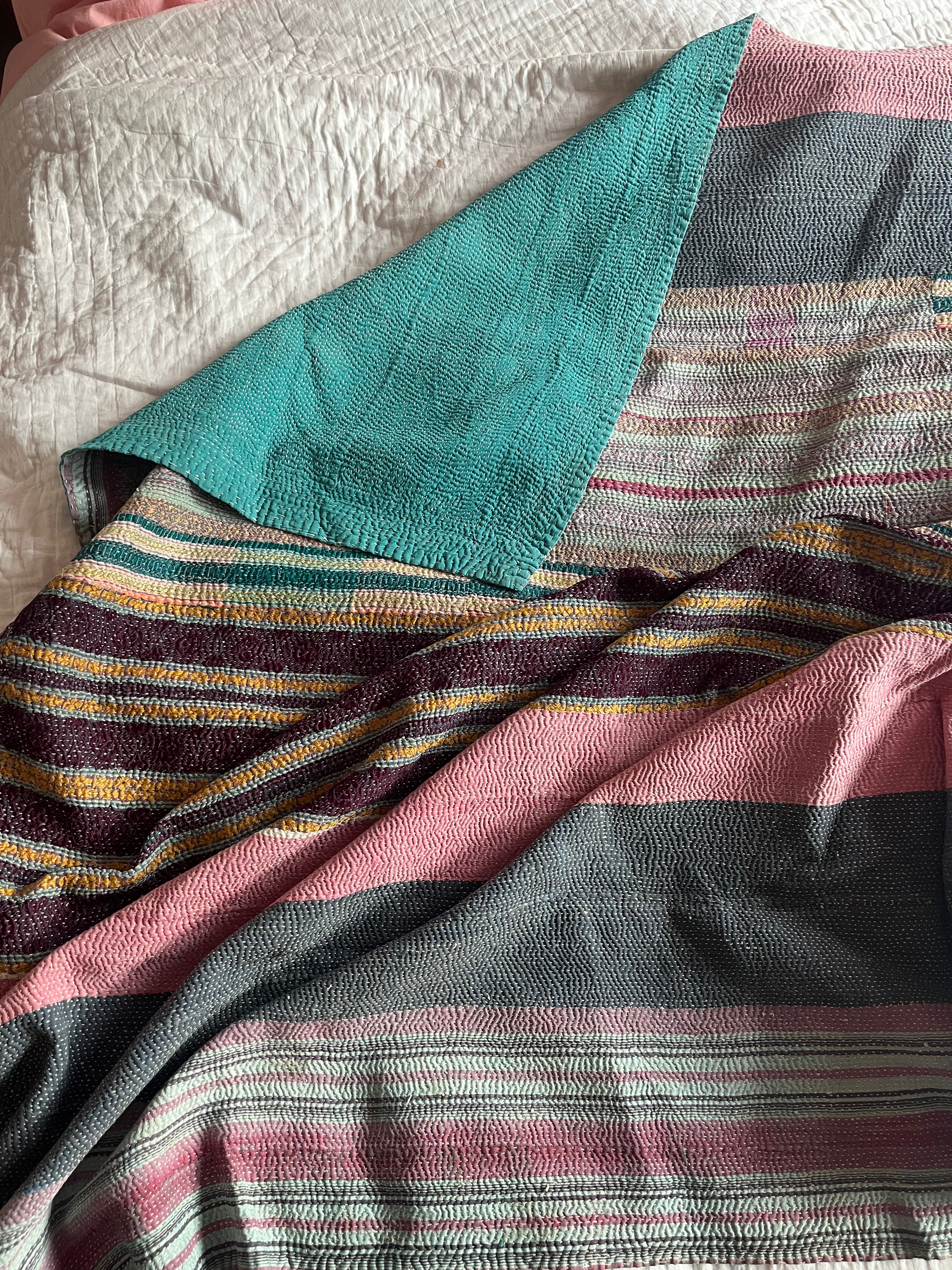 Patchwork stripe Kantha Quilt
