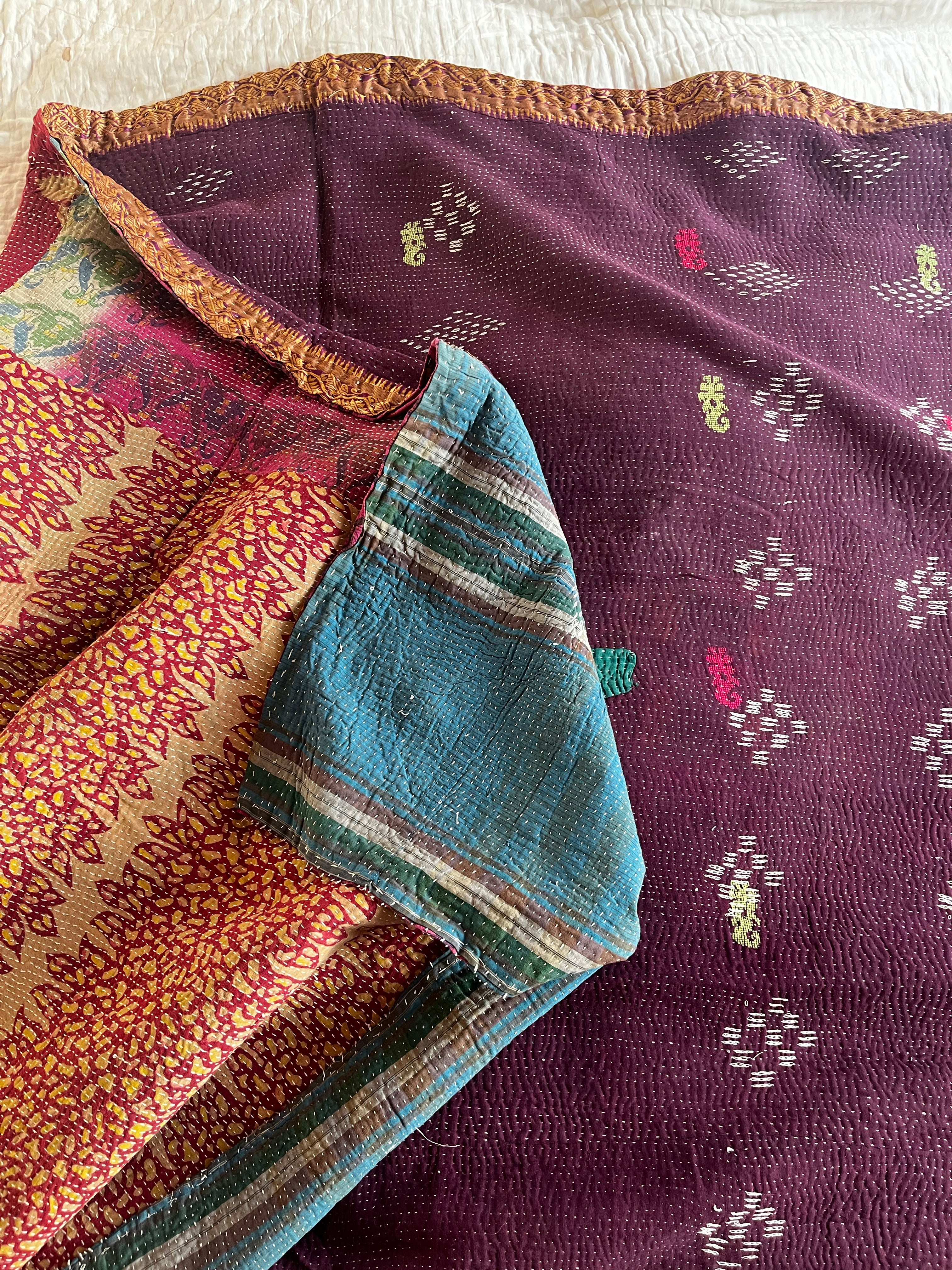 Claret Floral with a deep purple embroidered reverse Kantha Quilt