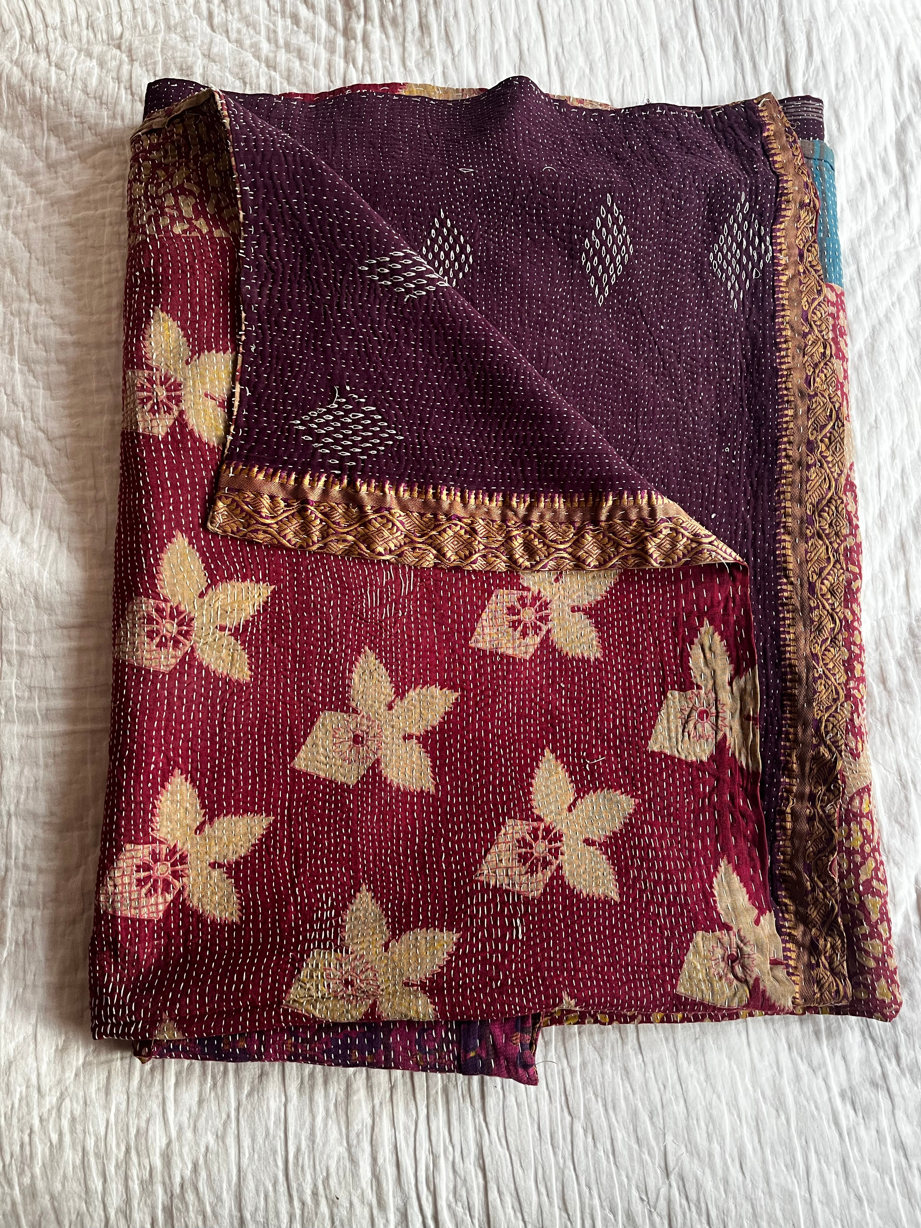 Claret Floral with a deep purple embroidered reverse Kantha Quilt