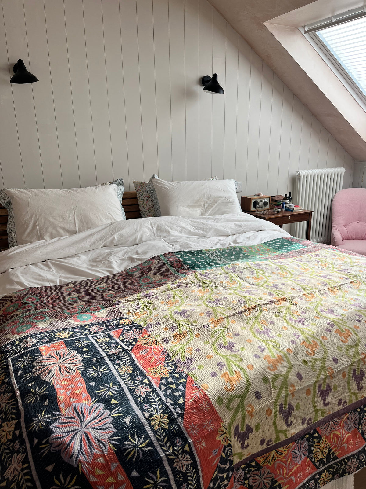 Patchwork Ikat with blue check Reverse Kantha quilt