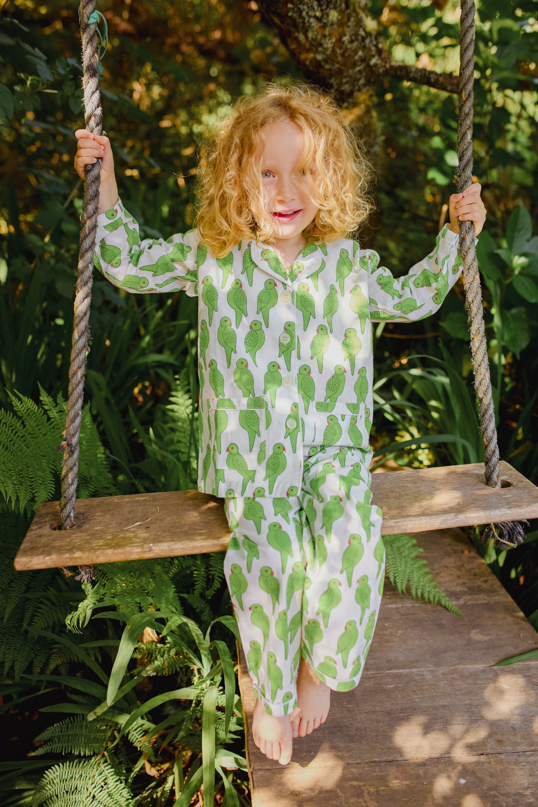 Green Parrot Print Silk Pajama Set