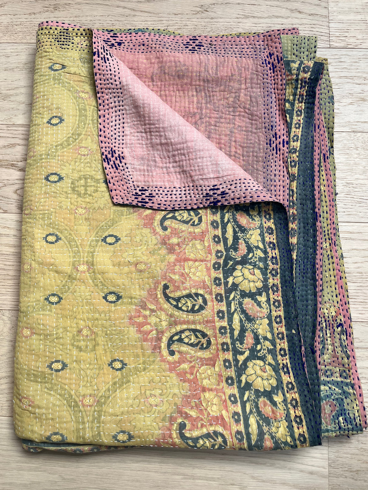 Mellow Yellow Floral & Pink Reverse Kantha quilt