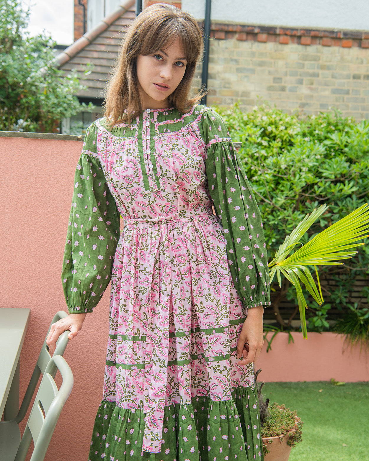 Oak Leaf Boho Dress - Green & Pink