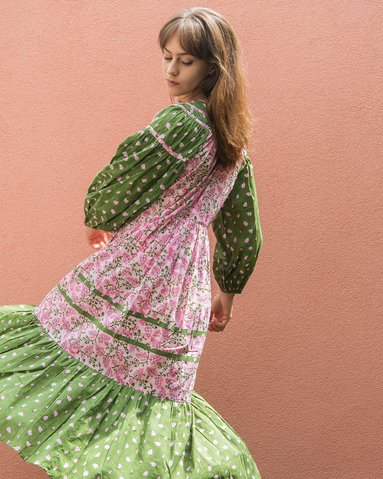Oak Leaf Boho Dress - Green & Pink