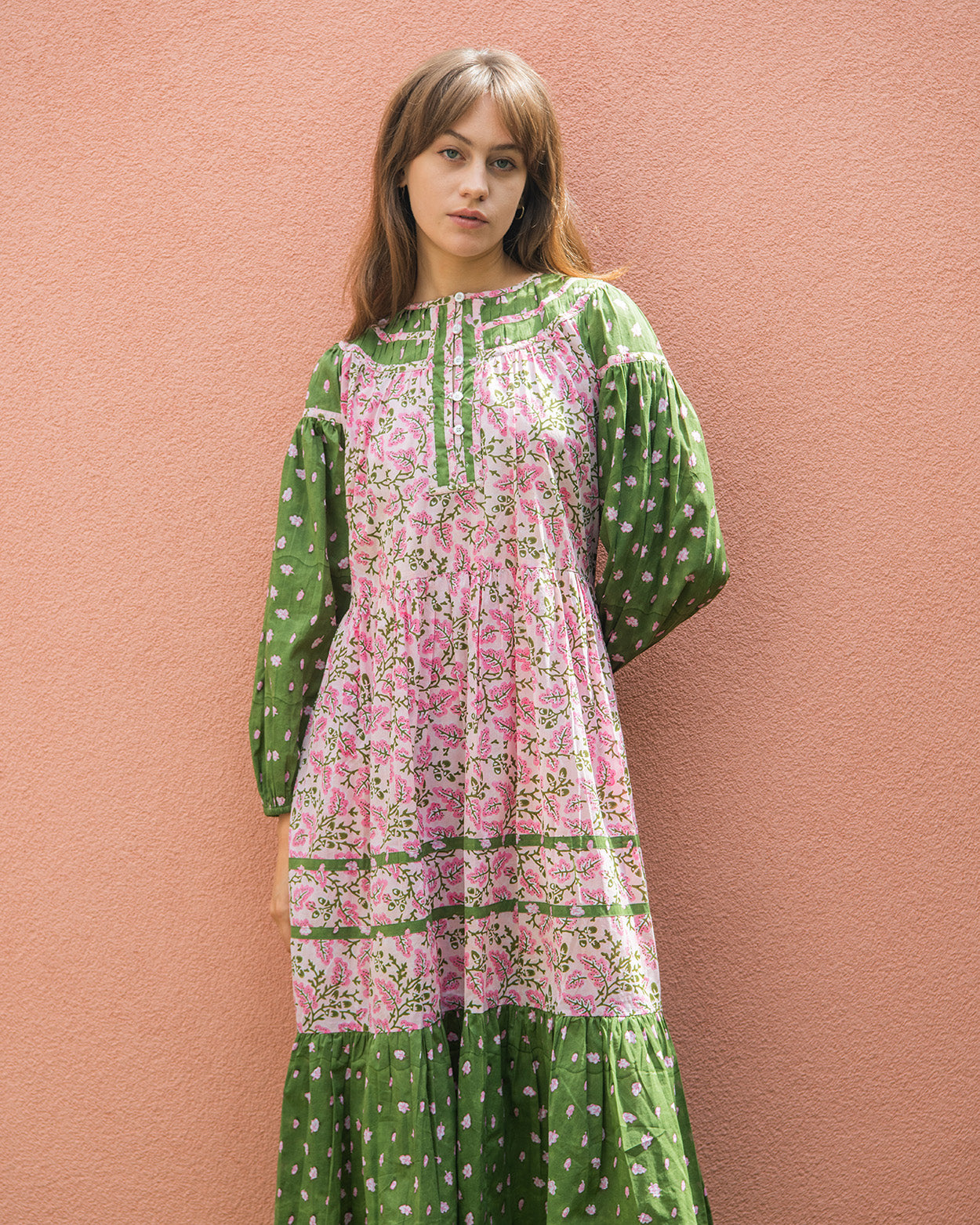 Oak Leaf Boho Dress - Green & Pink