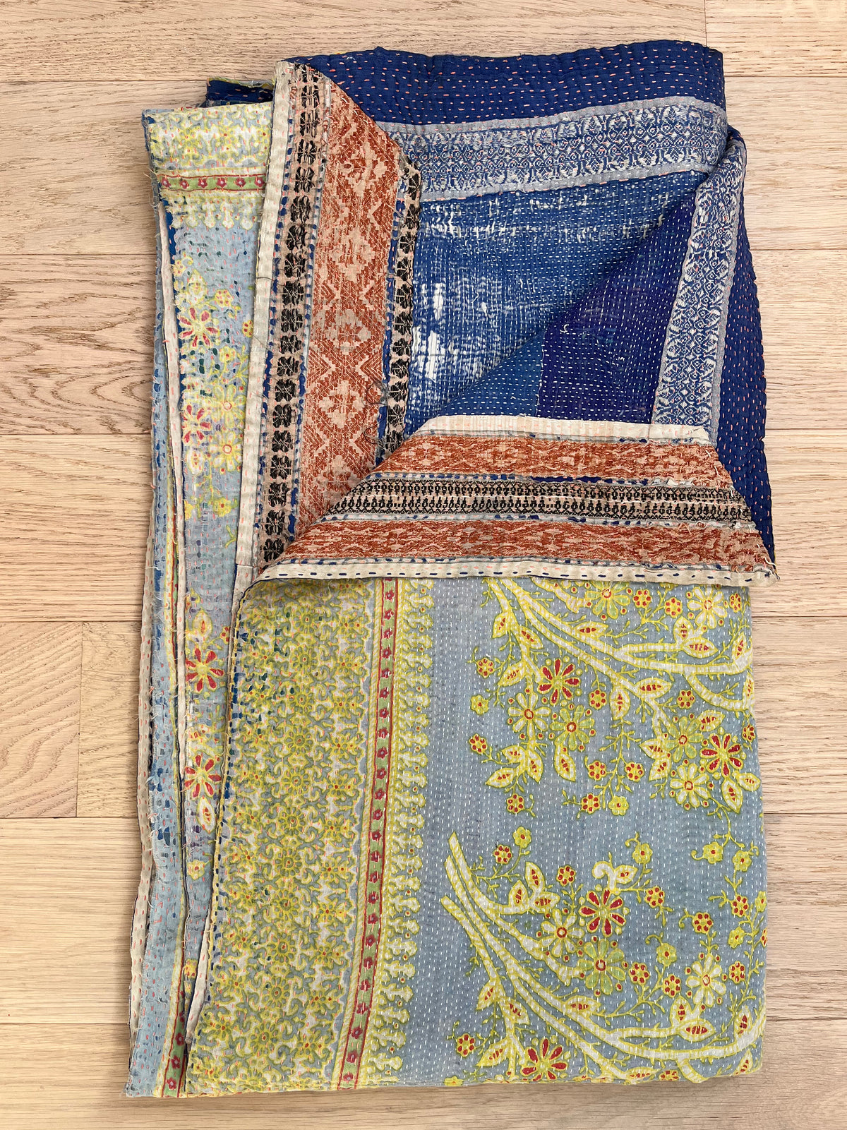 Pale Blue / Yellow Floral & Blue Reverse Kantha quilt
