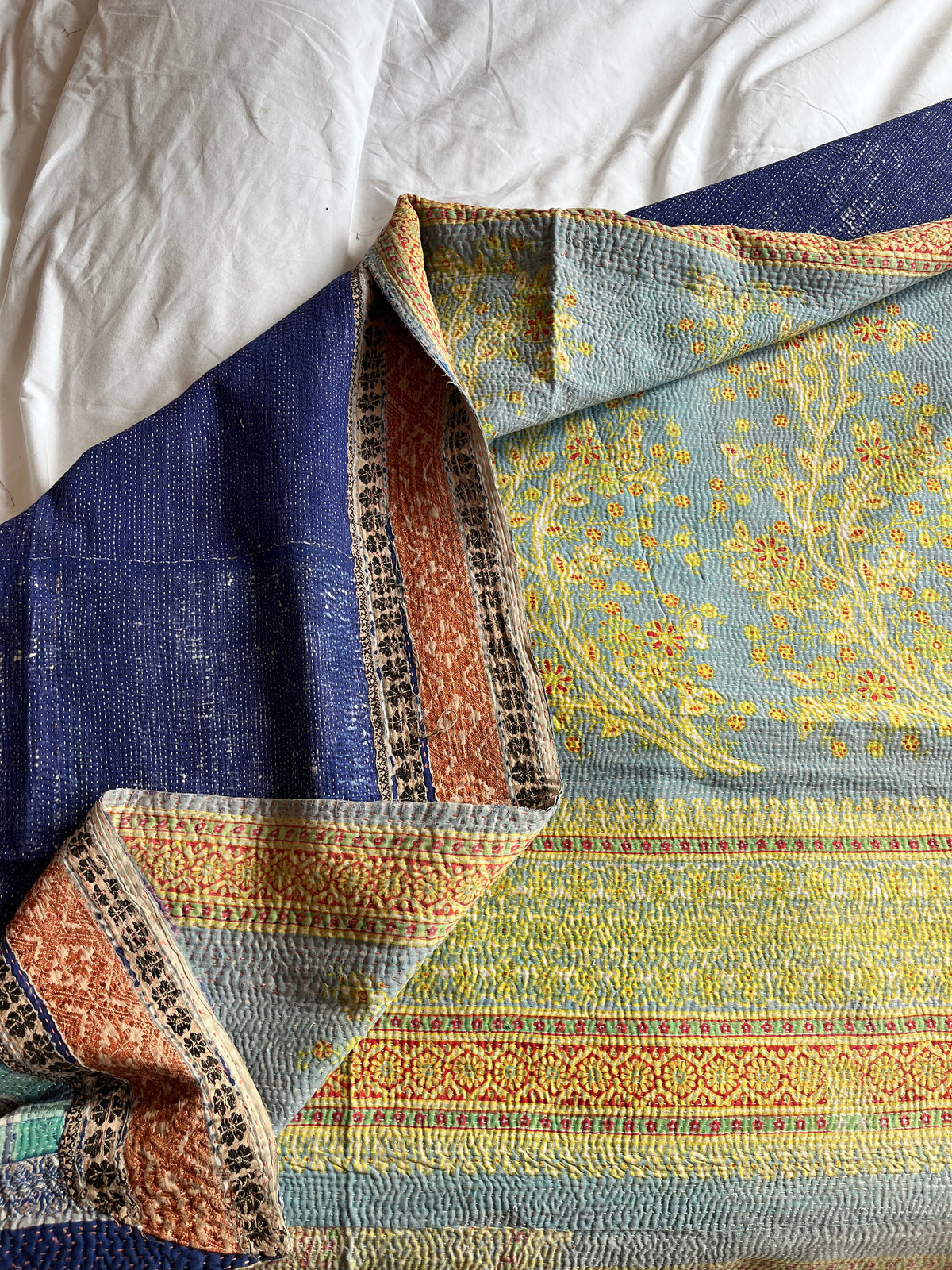 Pale Blue / Yellow Floral & Blue Reverse Kantha quilt