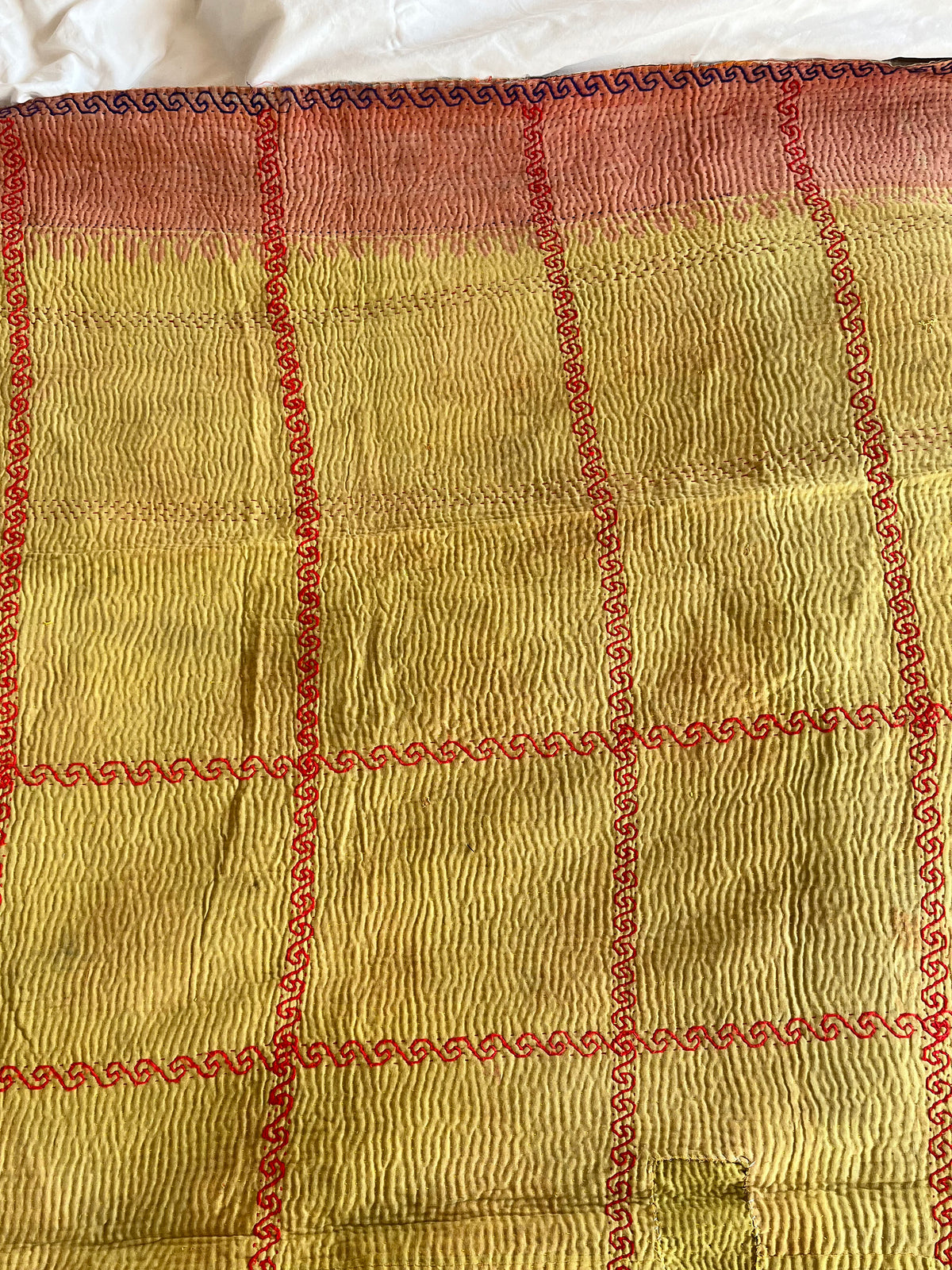 Pale Green & Yellow with Red Embroidery Reverse Kantha quilt