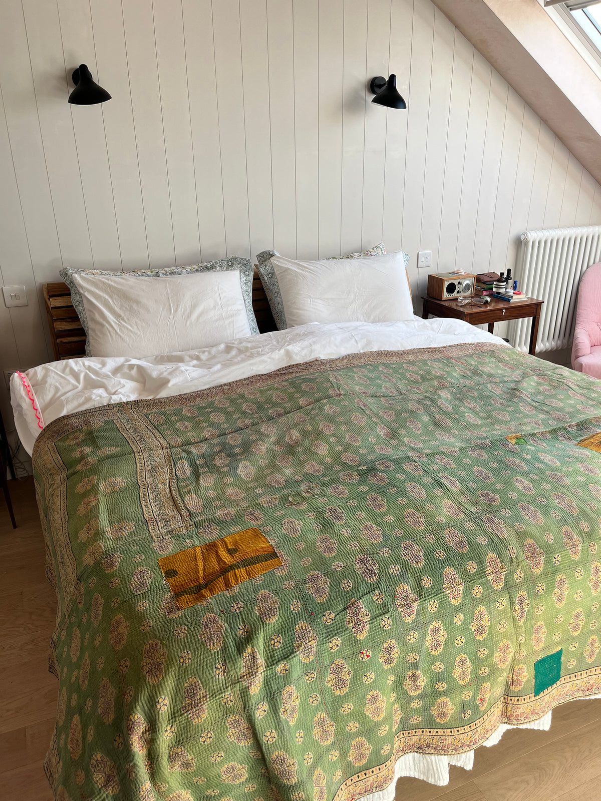 Pale Green & Yellow with Red Embroidery Reverse Kantha quilt
