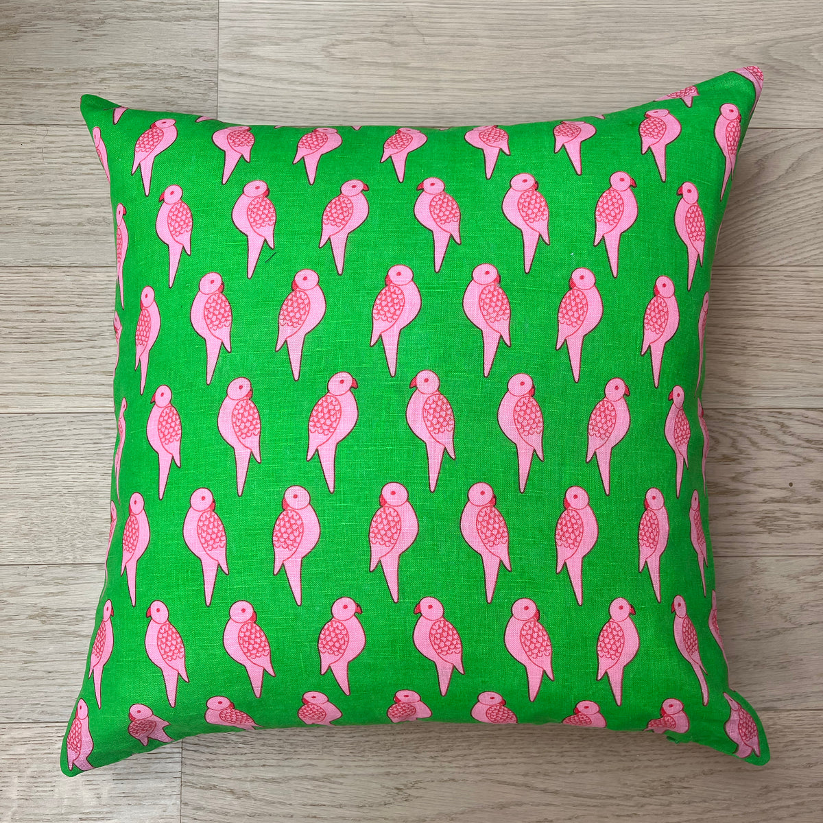 Parrot Linen Cushion - Green & Pink