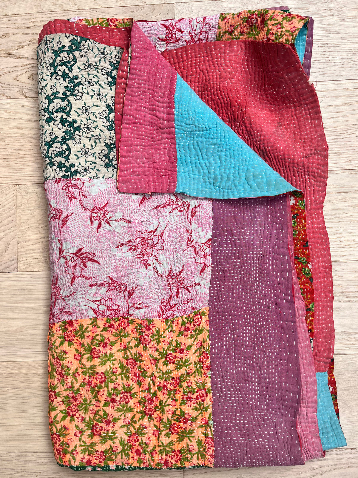 Patchwork Floral with pink Reverse Kantha quilt