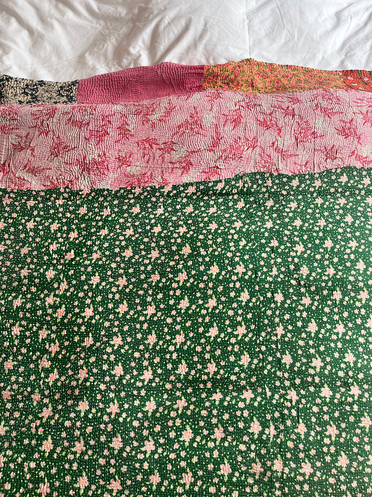 Patchwork Floral with pink Reverse Kantha quilt