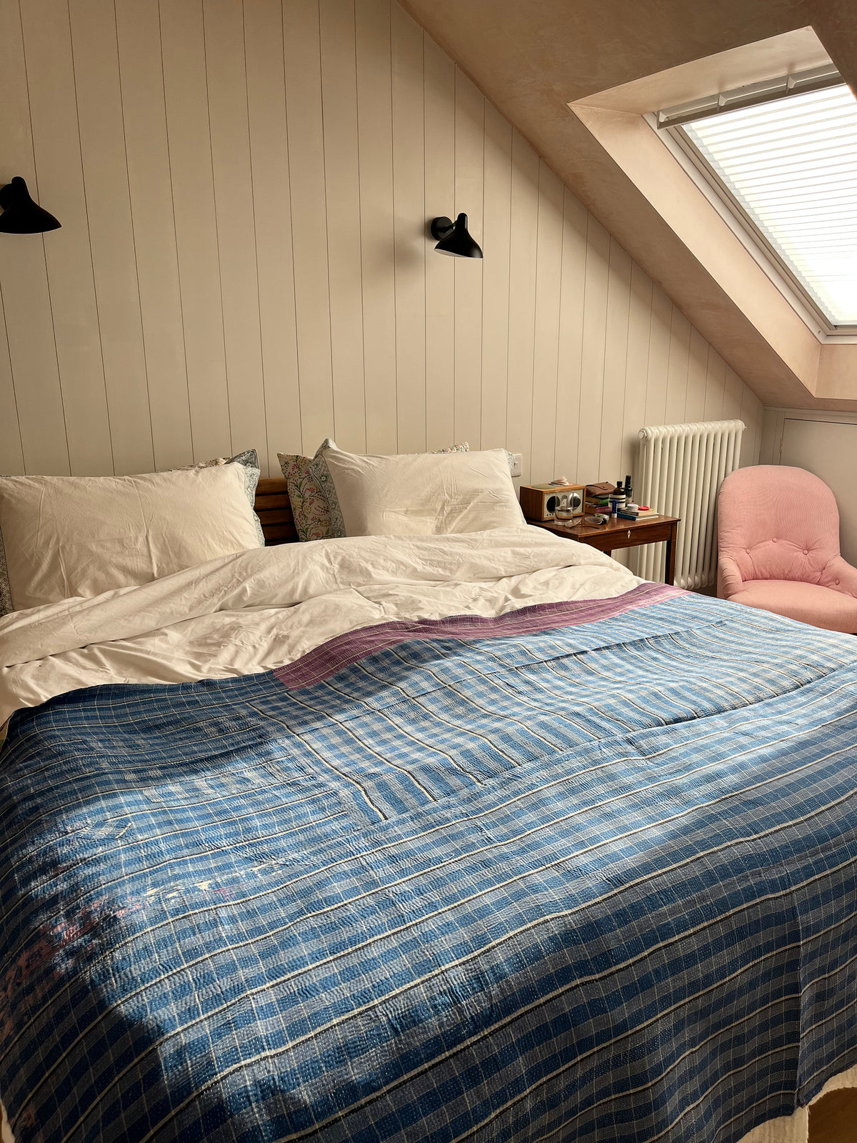Patchwork Ikat with blue check Reverse Kantha quilt