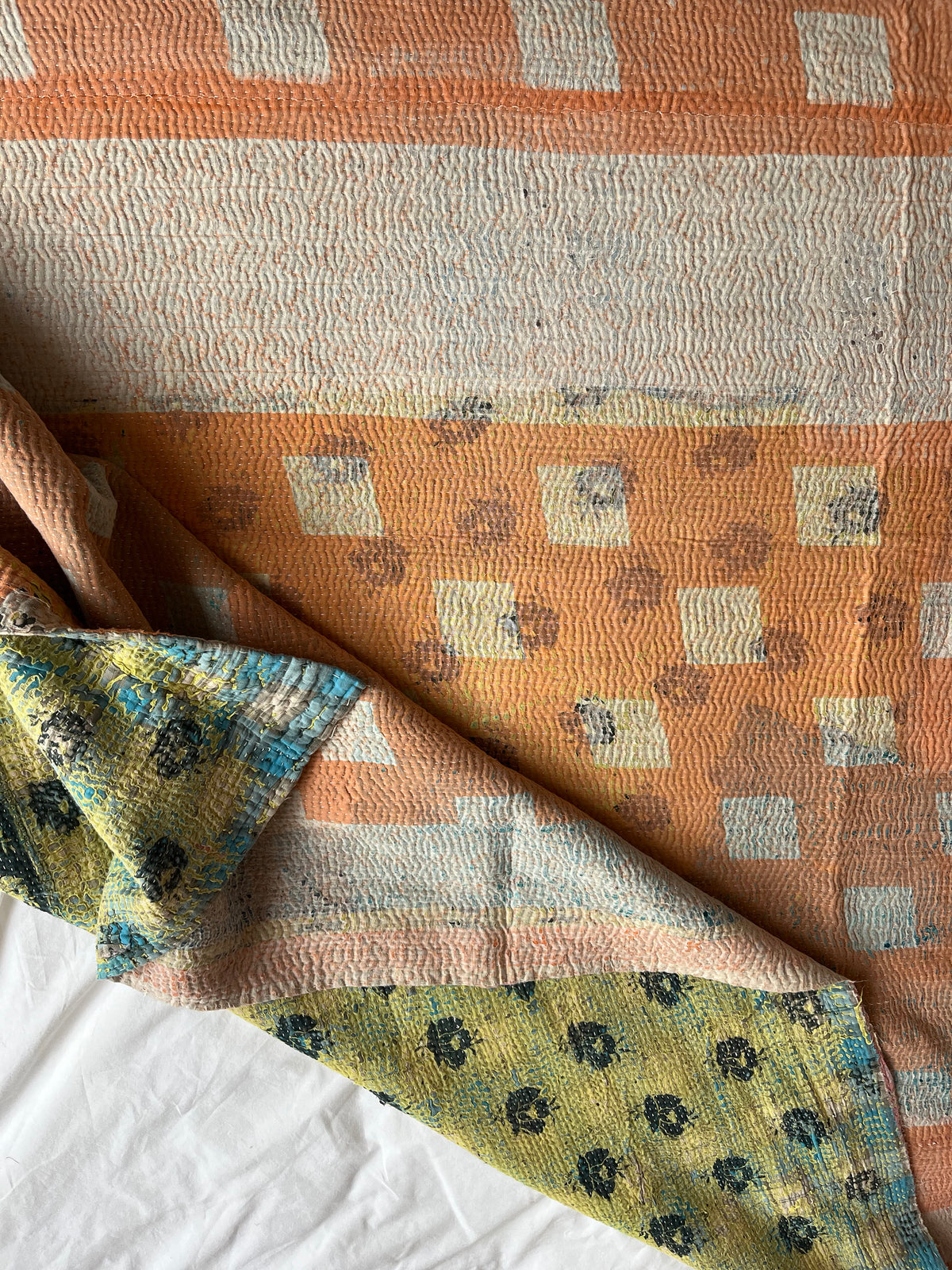 Soft Peach with Yellow Reverse Kantha quilt