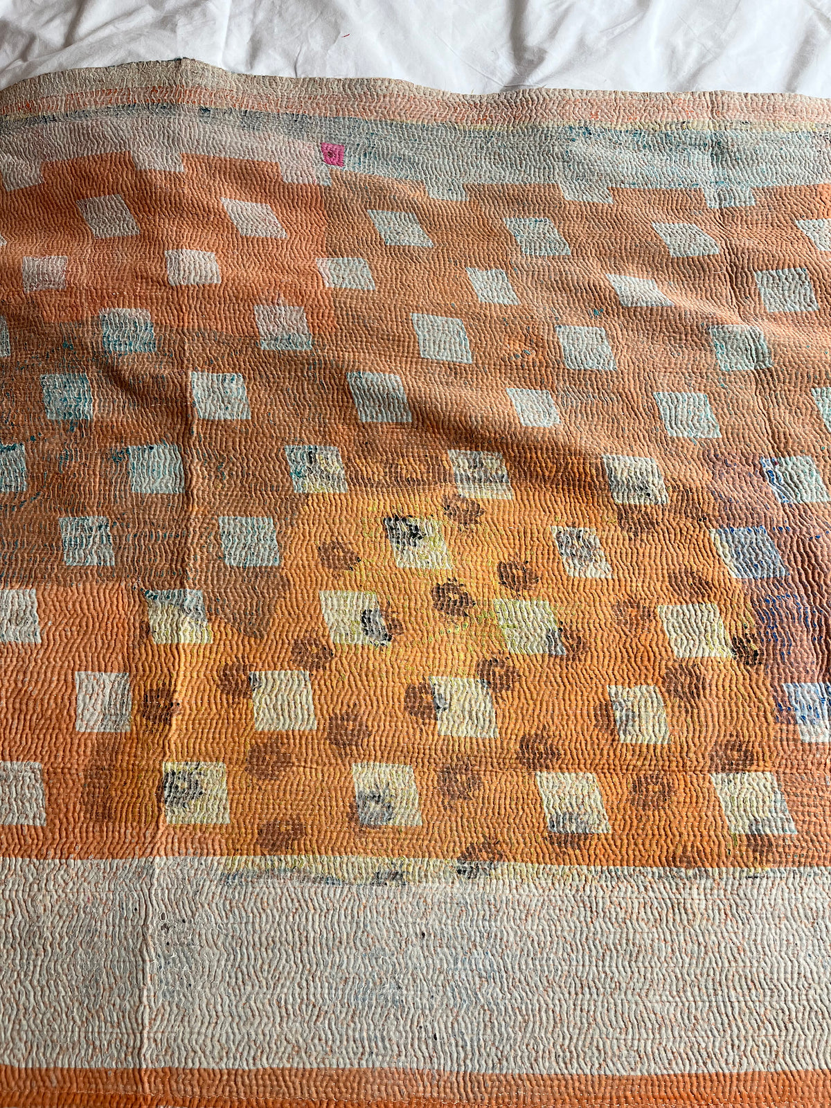 Soft Peach with Yellow Reverse Kantha quilt