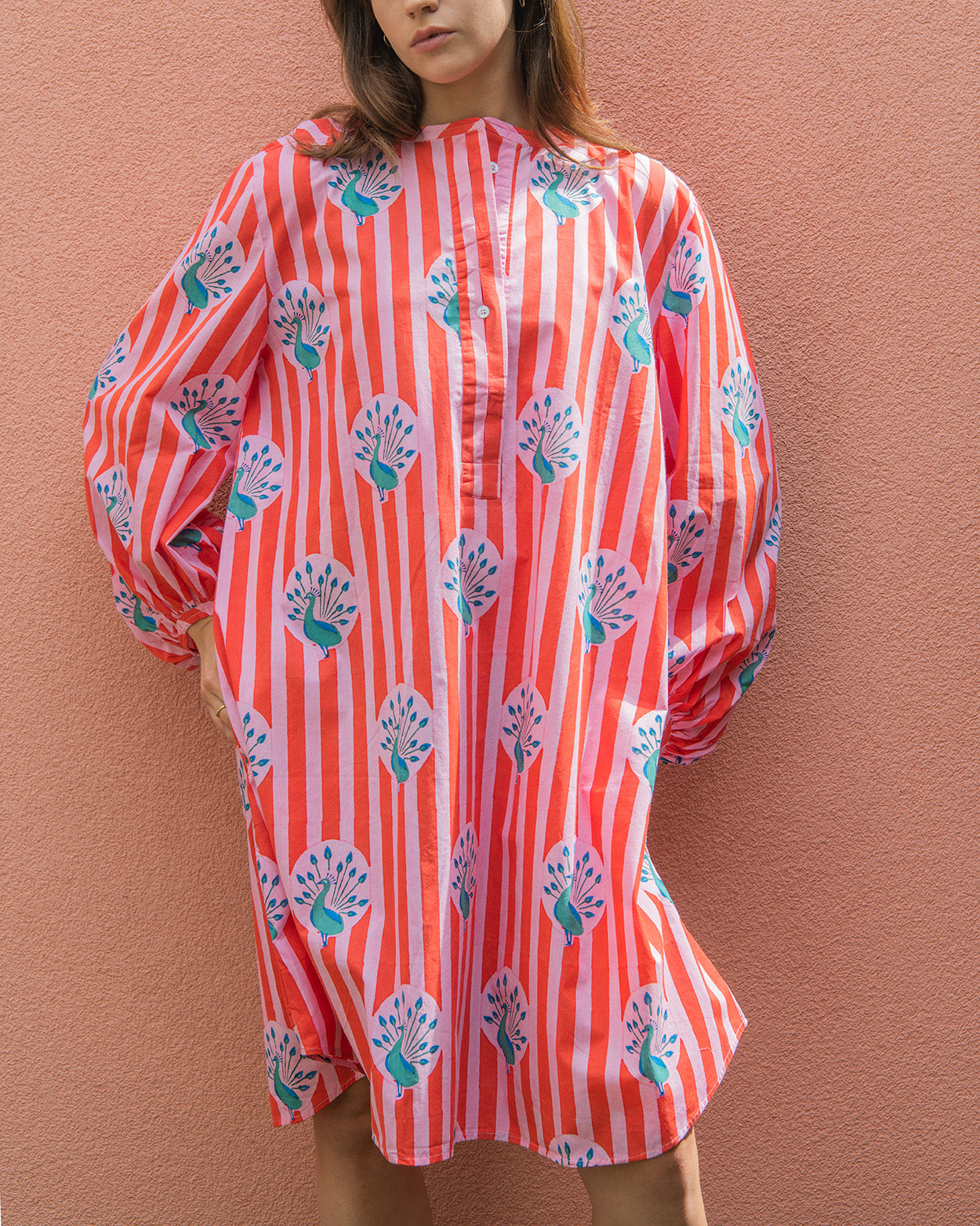 Peacock / Stripe Shirt Dress - Red & Pink