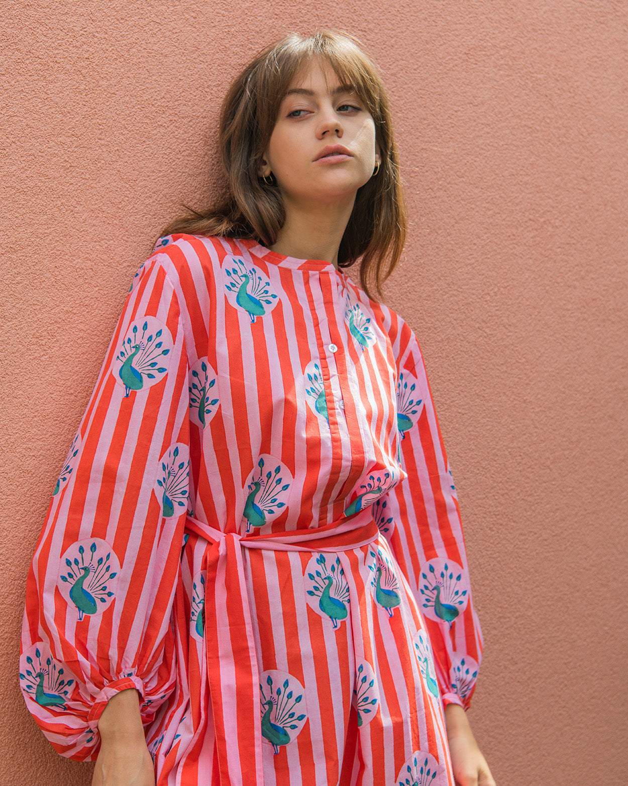Peacock / Stripe Shirt Dress - Red & Pink