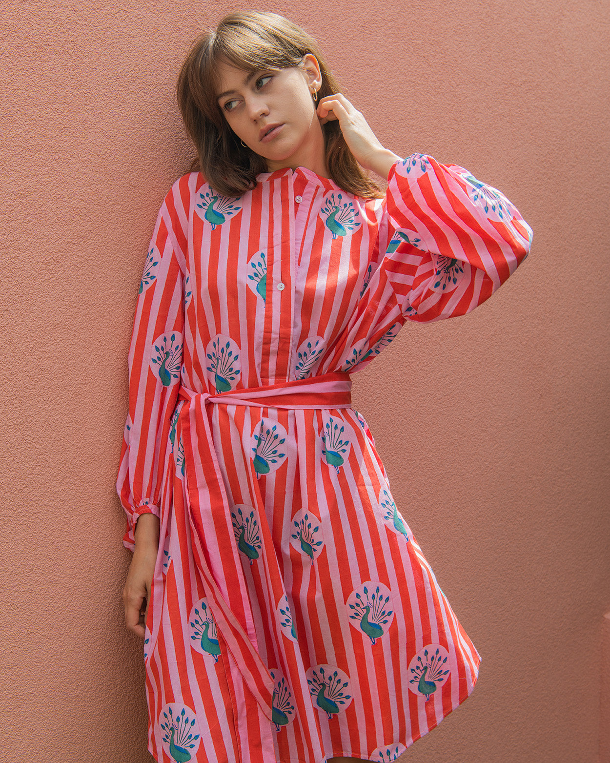 Peacock / Stripe Shirt Dress - Red & Pink
