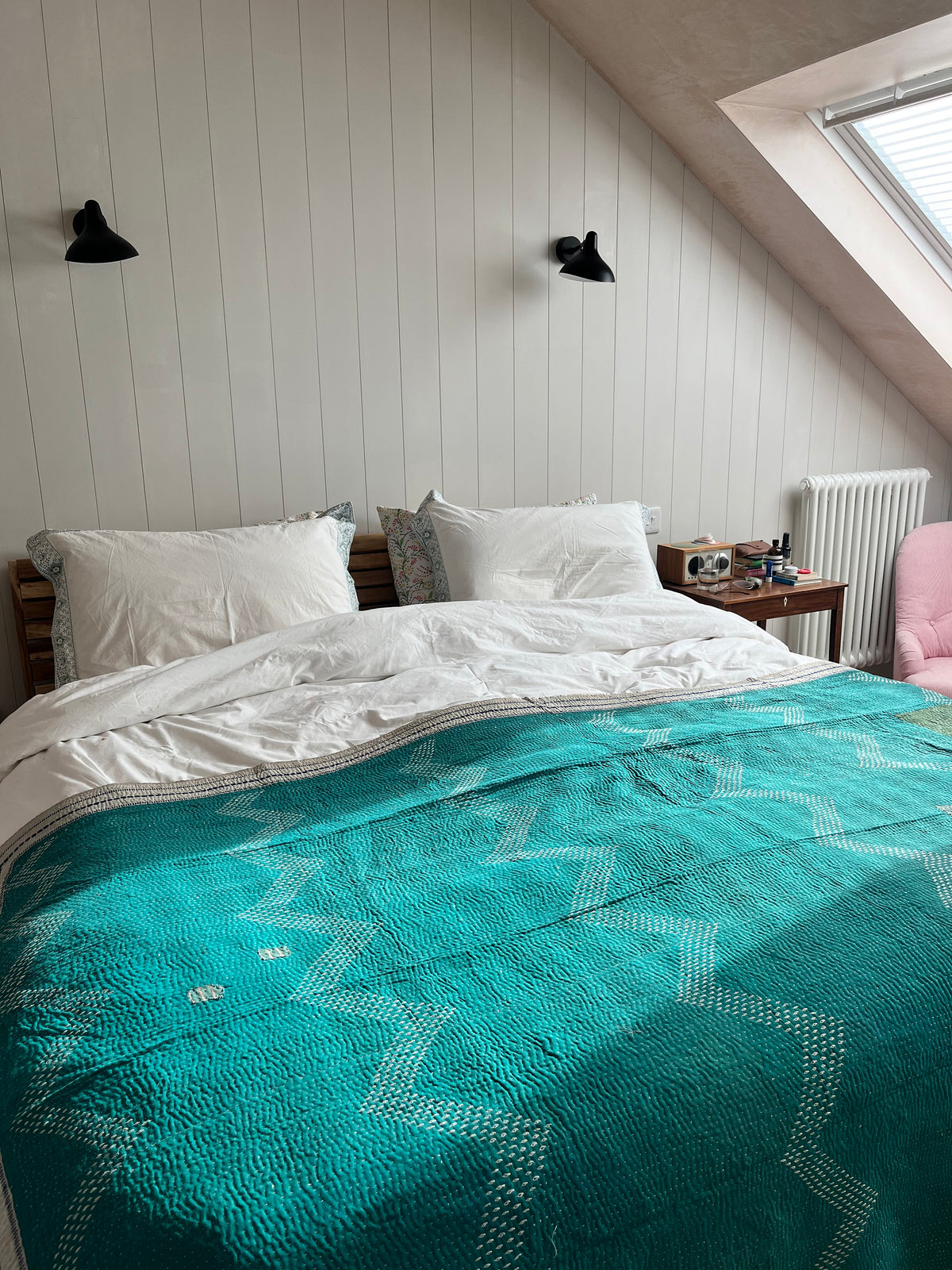 Pretty Pink Floral & Turquoise Embroidery Reverse Kantha Quilt