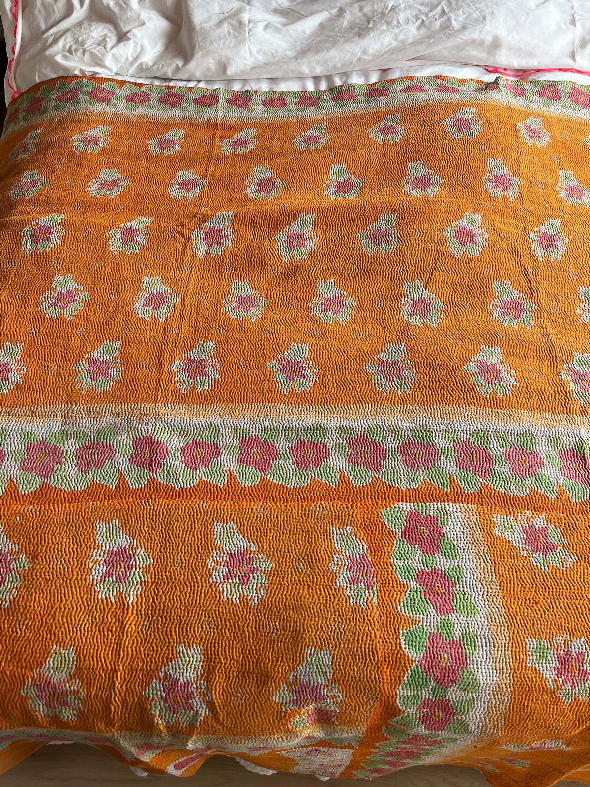 Pink / Teal Tie Dye & Orange Floral Reverse Kantha Quilt