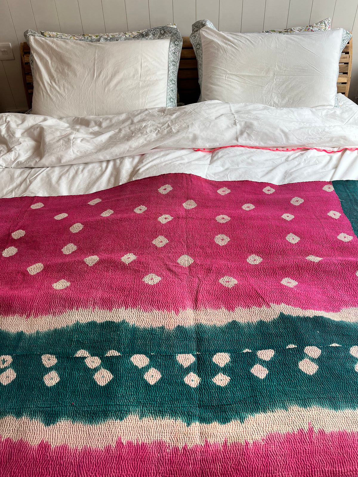 Pink / Teal Tie Dye & Orange Floral Reverse Kantha Quilt