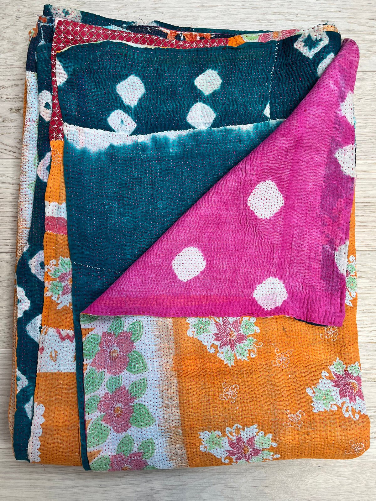 Pink / Teal Tie Dye & Orange Floral Reverse Kantha Quilt