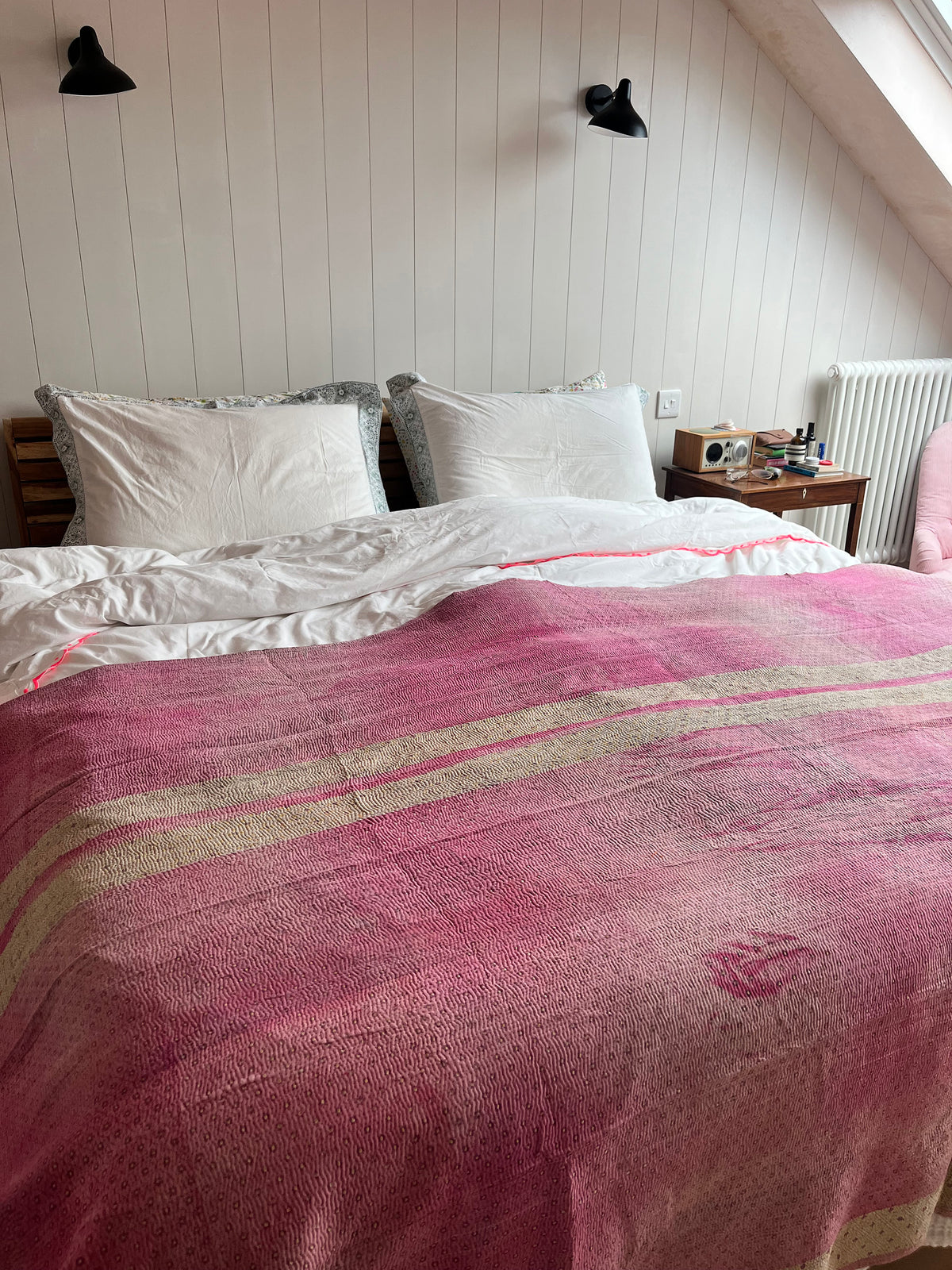 Pink & lime Reverse Kantha quilt