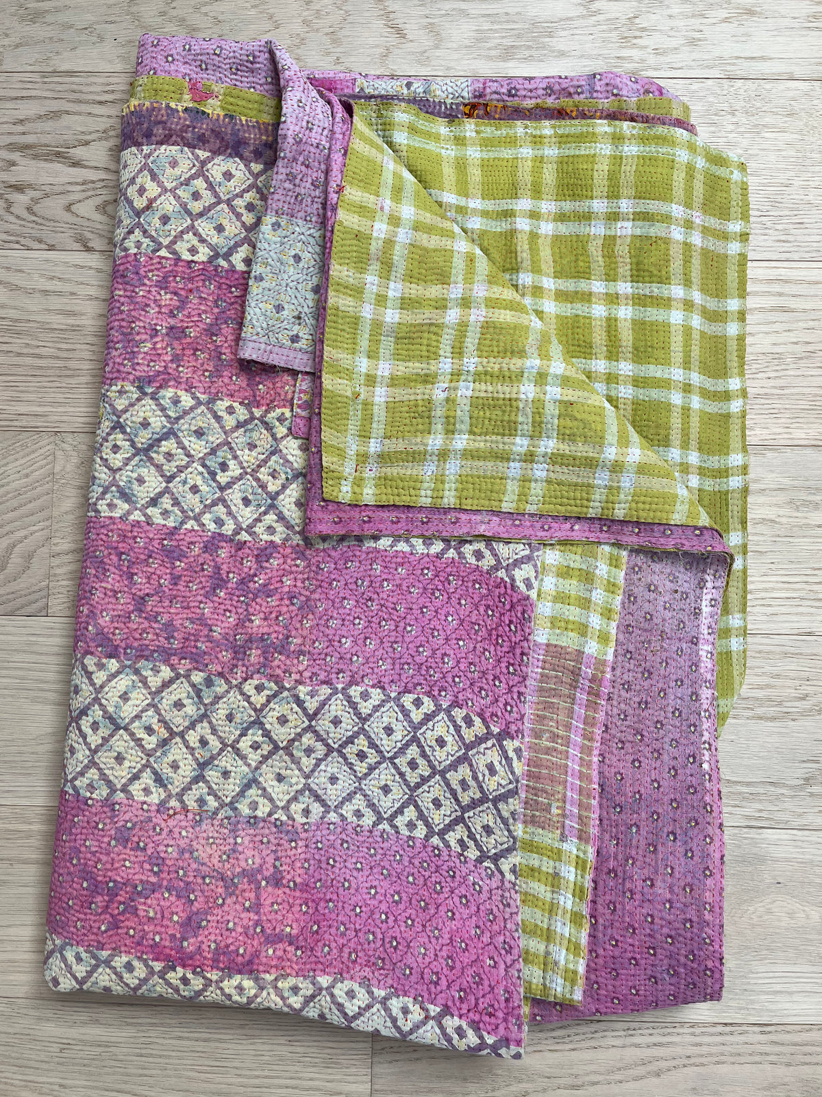 Pink & lime Reverse Kantha quilt