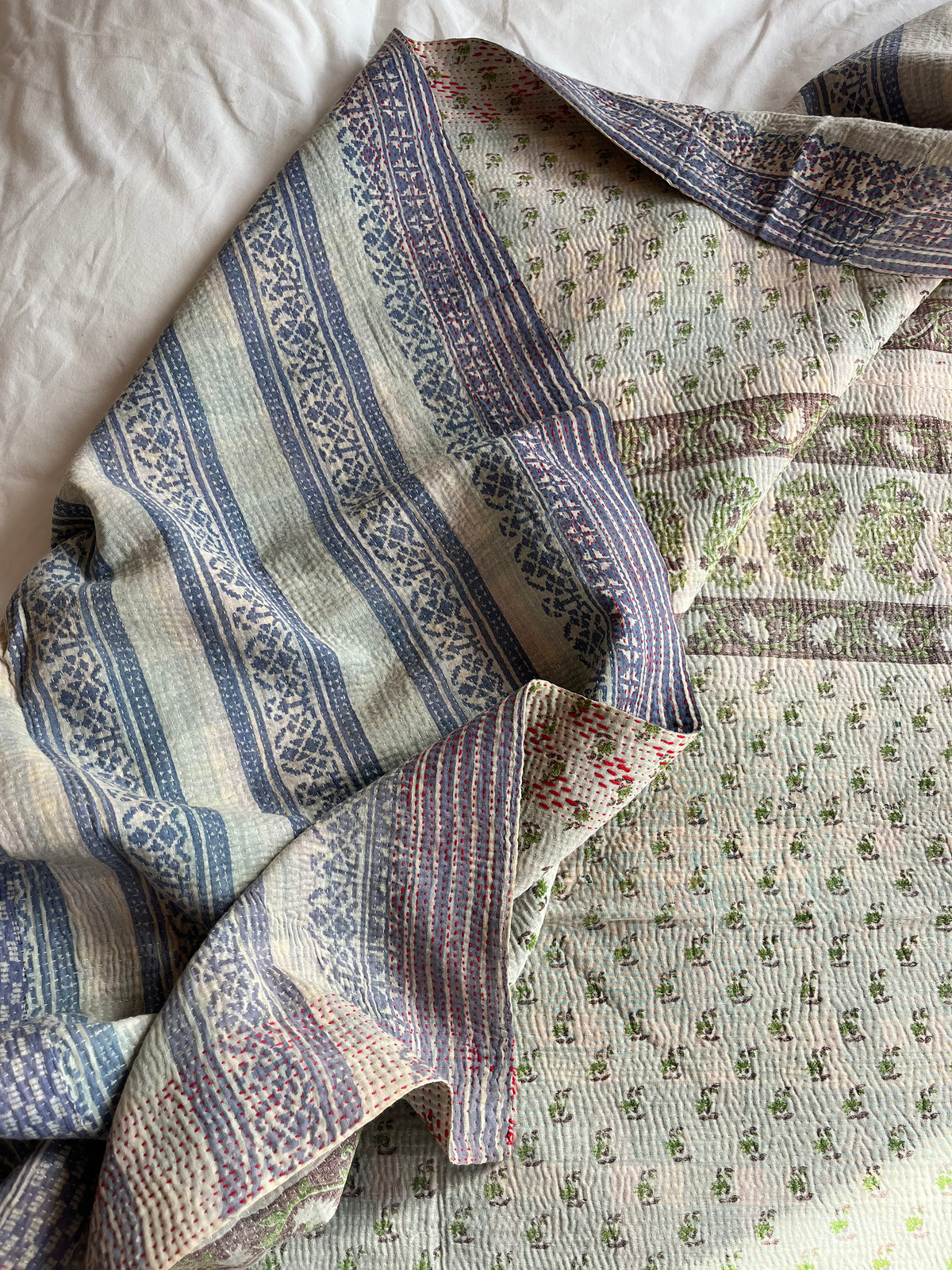 Pretty Paisley & Blue Reverse Kantha Quilt
