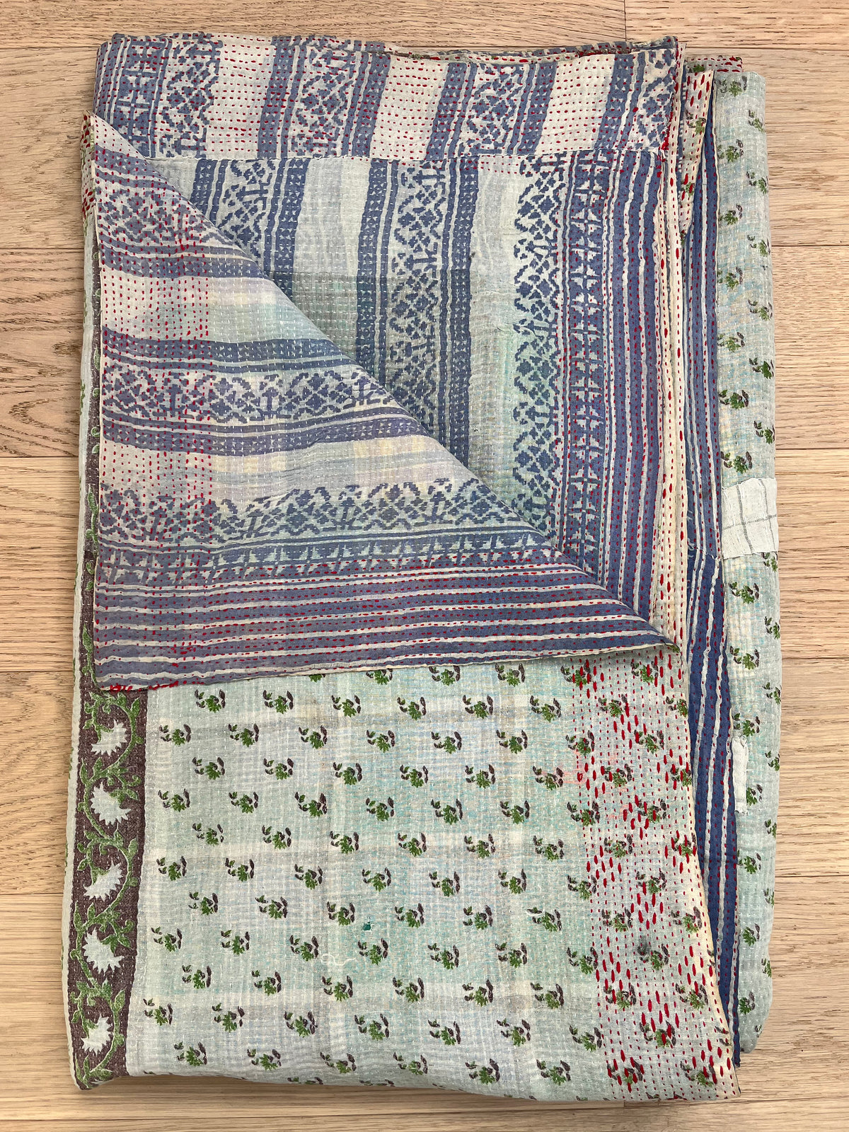Pretty Paisley & Blue Reverse Kantha Quilt