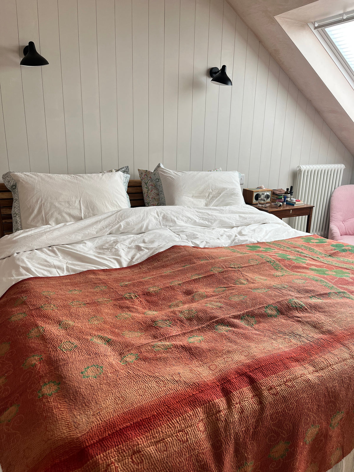 Rust with Green Floral with blue & pink stripe Reverse Kantha quilt