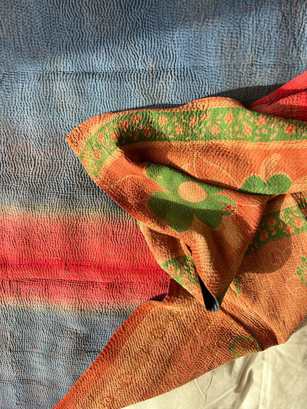 Rust with Green Floral with blue & pink stripe Reverse Kantha quilt