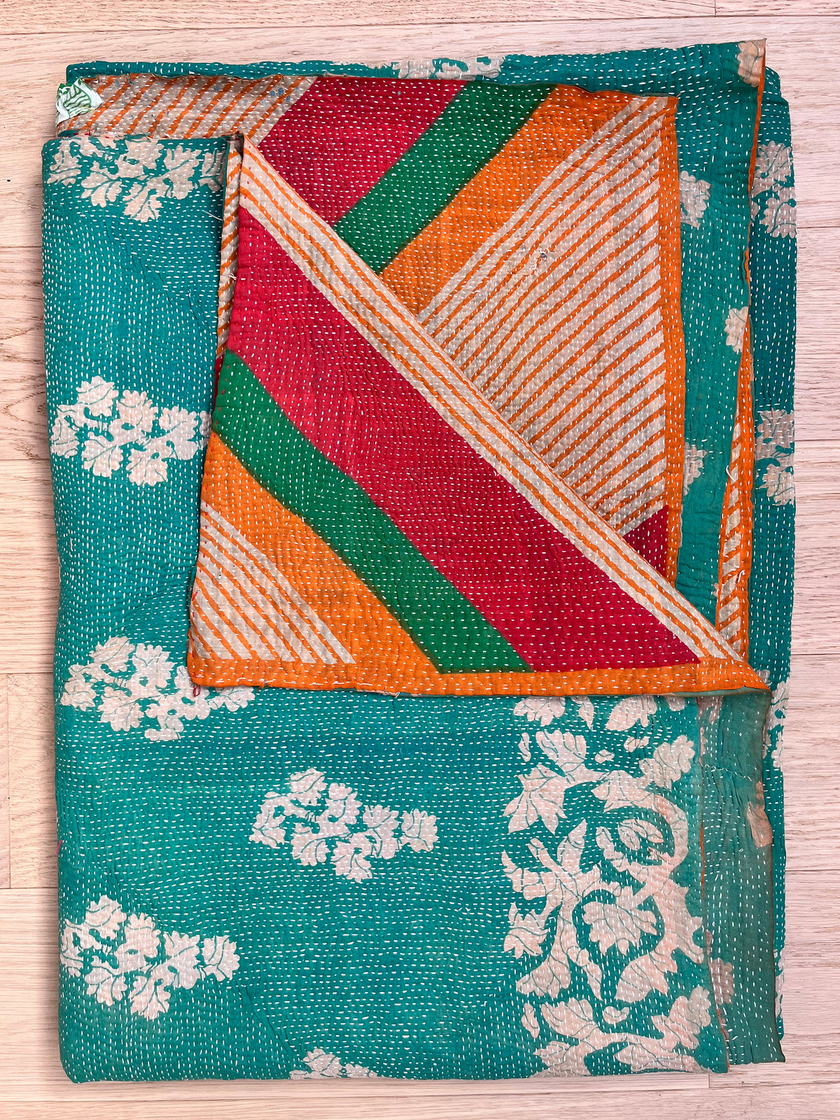 Teal Floral & Multi Colour Reverse Kantha quilt