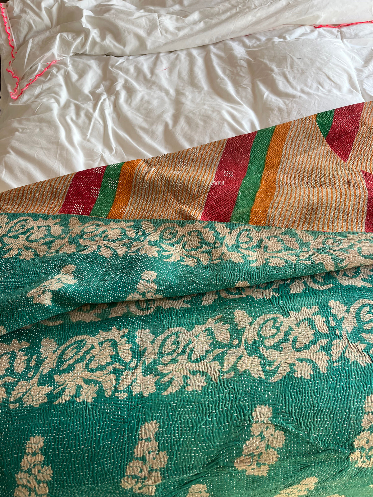 Teal Floral & Multi Colour Reverse Kantha quilt