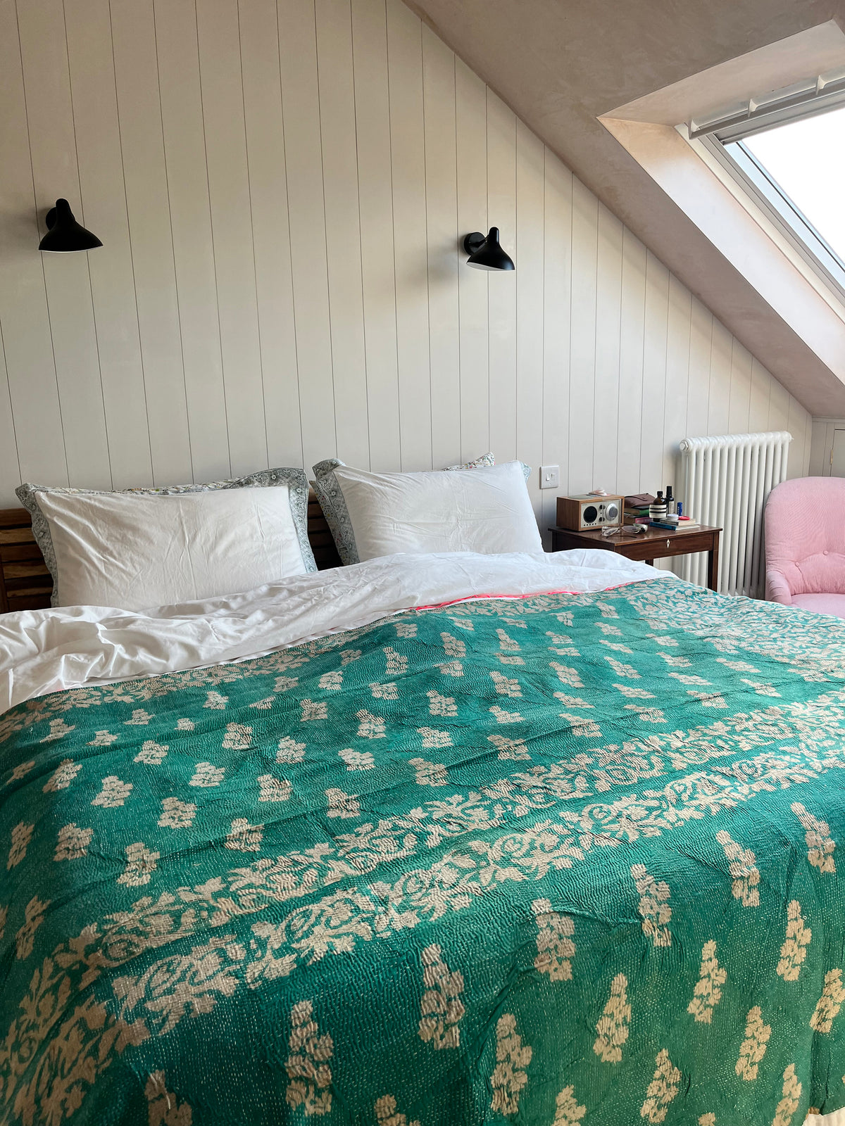 Teal Floral & Multi Colour Reverse Kantha quilt