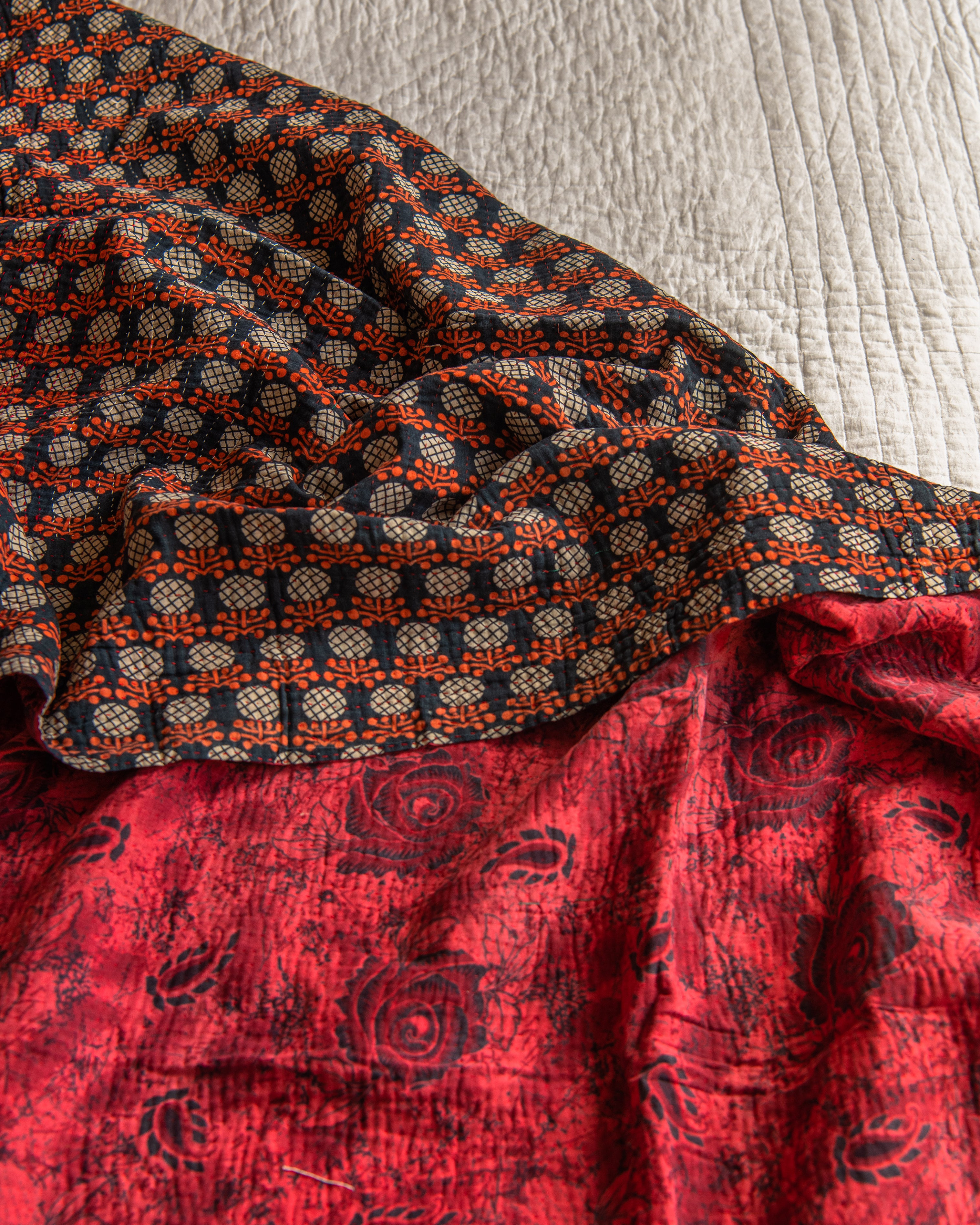 Blue & Red Pineapple with Pink floral reverse Kantha quilt